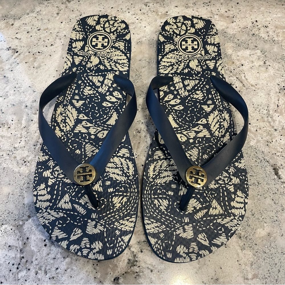 Tory Burch Navy/Cream Gold Logo Flip Flop
